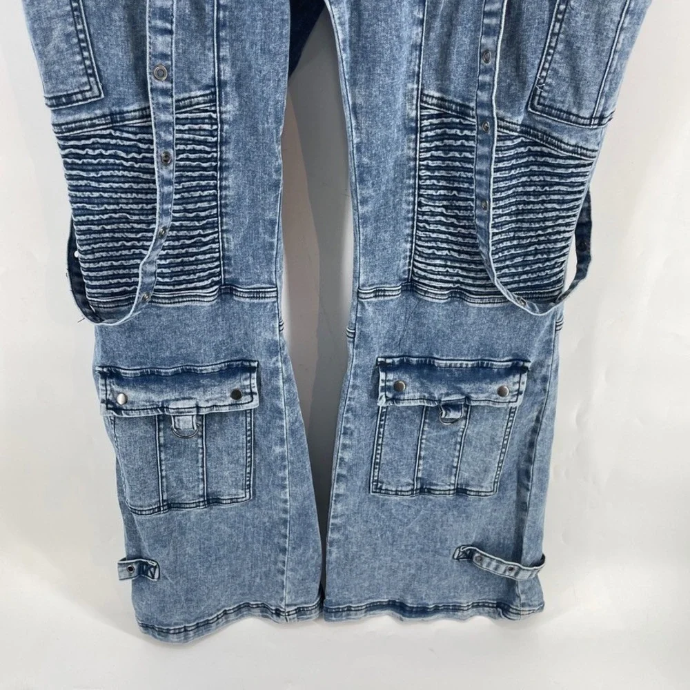 Social Collision Jeans Women Sz 20 Acid Wash Moto Suspender Flare Low‎ Rise 38